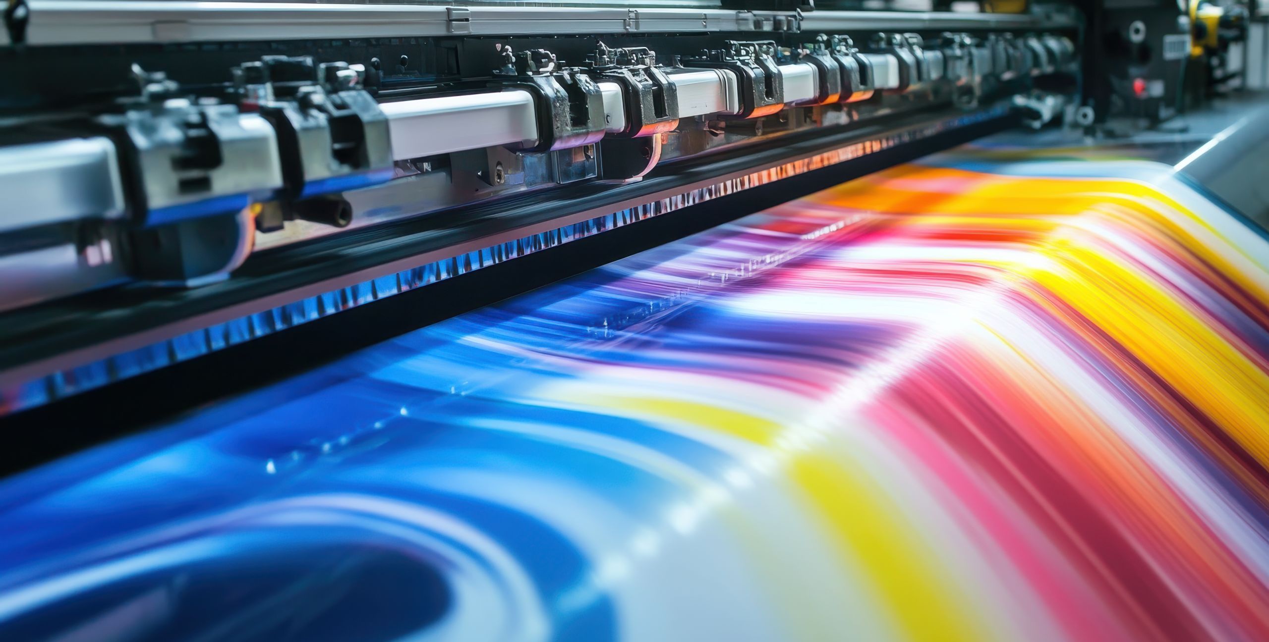 A colorful print is being made in a printing press. The colors are vibrant and the print is likely to be eye-catching and attention-grabbing