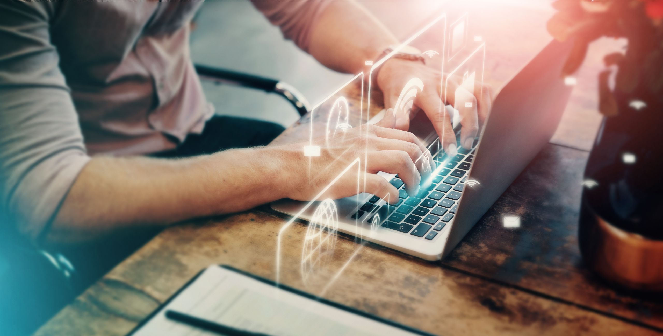 Typing man, hands or laptop hologram in networking cybersecurity, futuristic research or programming ux. Zoom, developer or 3d abstract technology of software, digital transformation or web 3.0 cloud.